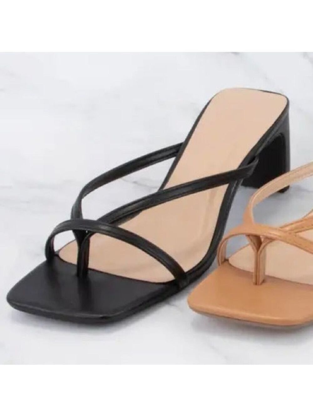 Soda Gadget Thong Square Toe Heels Sandals in Black